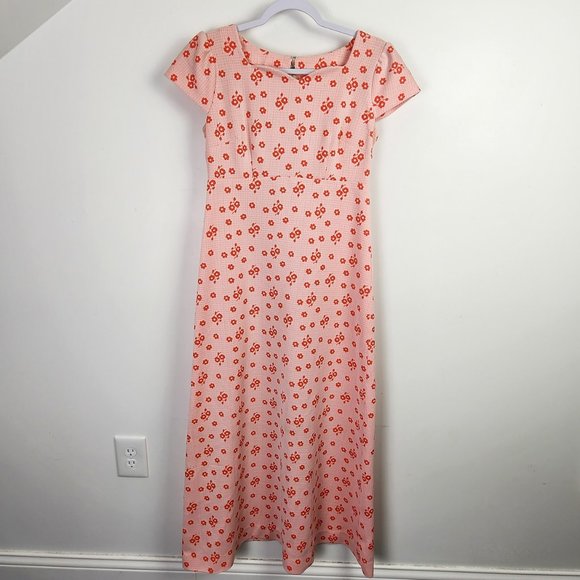 Handmade Pink and Orange Modest Prairie Midi Length Floral Print Dress Medium - Picture 1 of 12